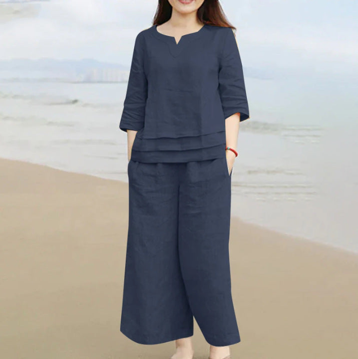 Casual Women Loose Solid Color Shirt Trousers Suit