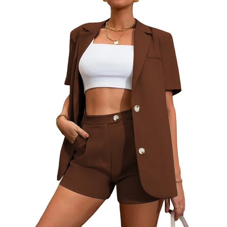 Women's Temperament Solid Color Jacket High Waist Shorts Suit