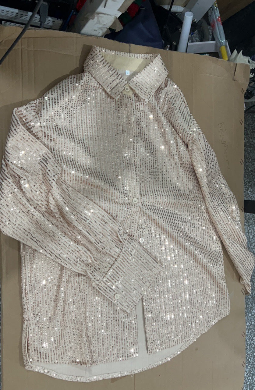 Elegant Sequin Lapel Long Sleeve Shirt Dress