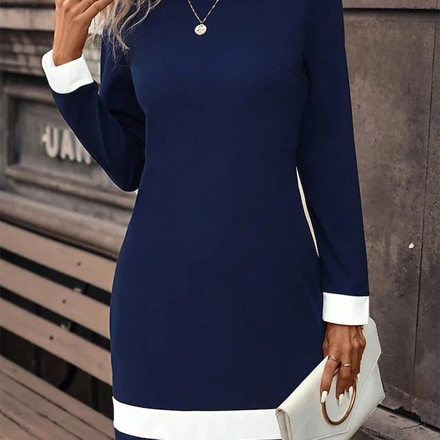 New Fashion European And American Style Tight Color-matching Dress Long Sleeve Round Neck