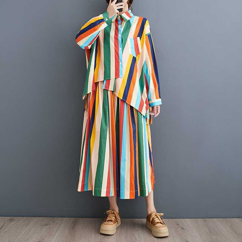 Loose Artistic Color Stripes Irregular Shirt Big Hem Skirt Two-piece Set