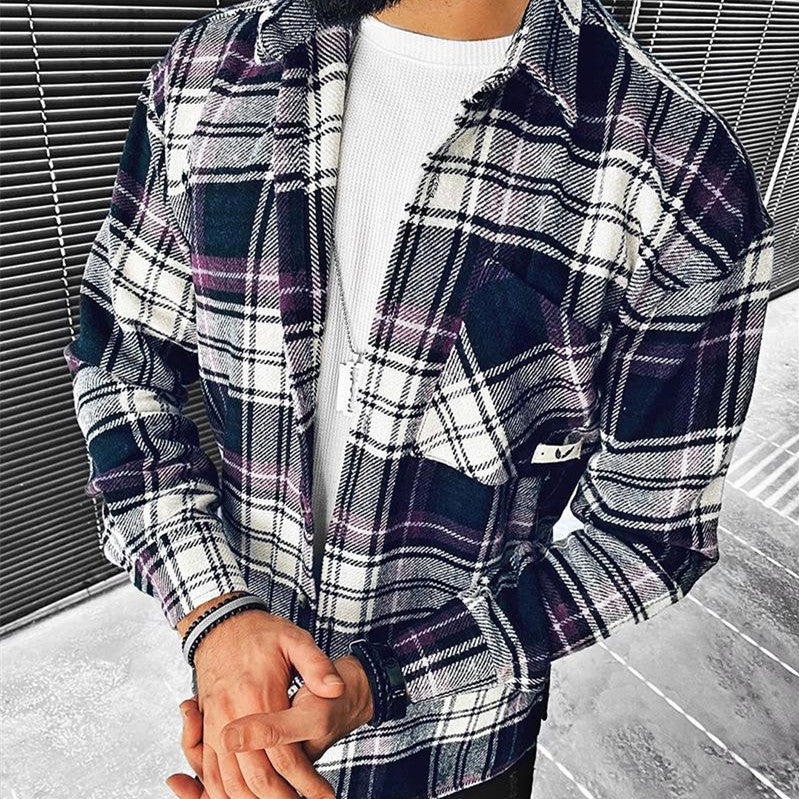 Men's Fashion Colorblock Plaid Print Shirt Top