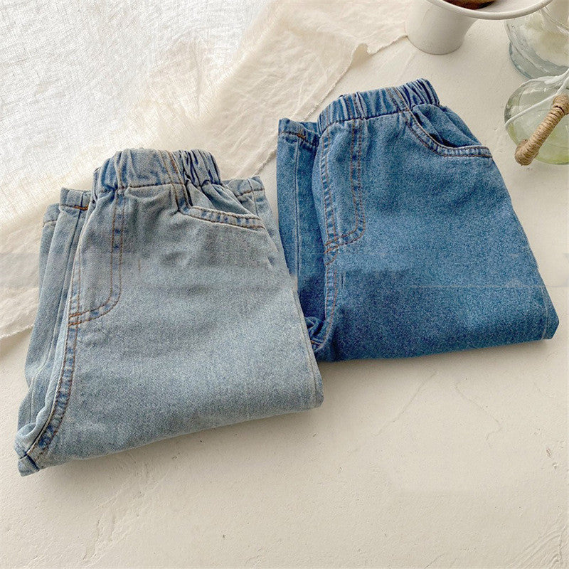 Children's Elastic Waist Leisure Washed-out Jeans