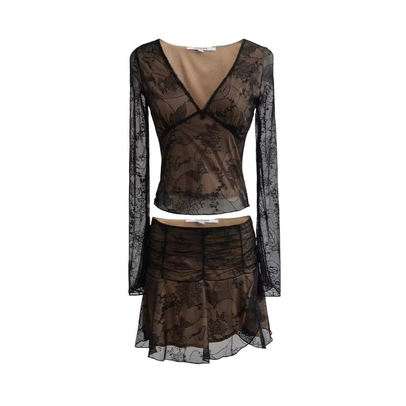 Deep V-neck Long Sleeve Lace Stitching Sheer Long Sleeve Top Low Waist Irregular Skirt Suit
