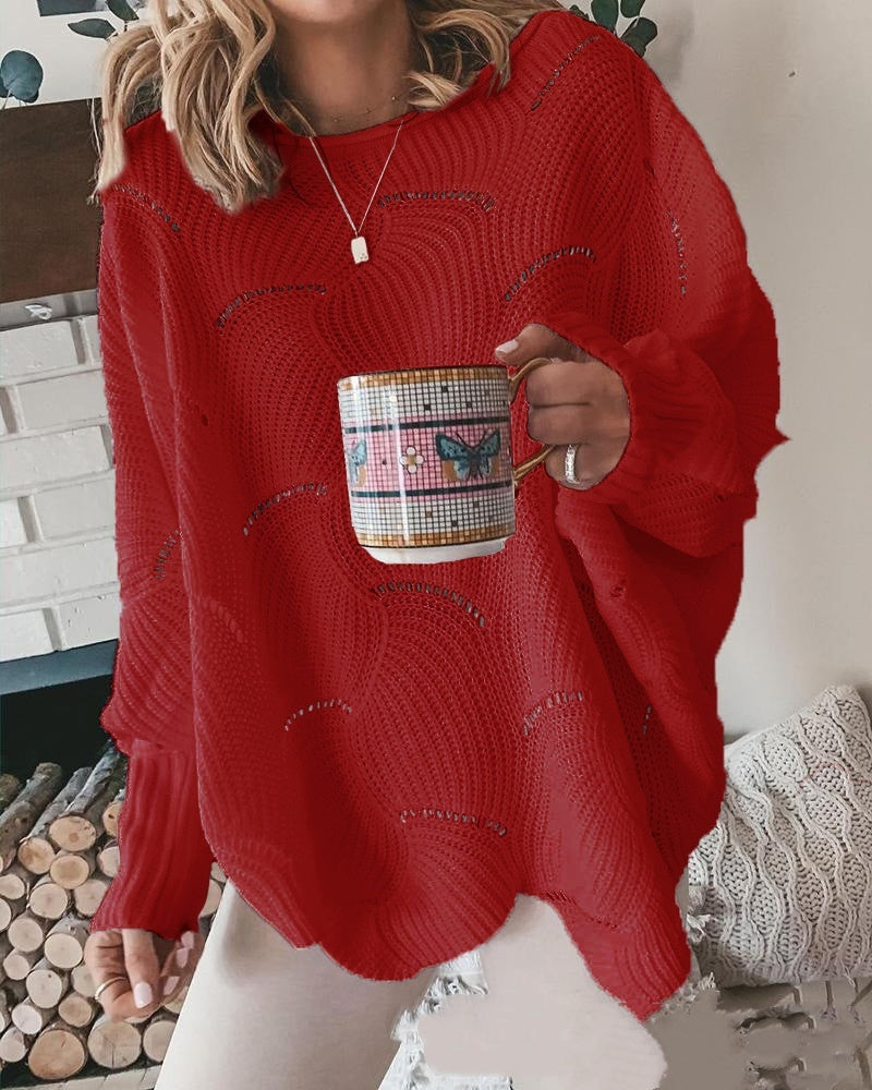 European And American Leisure Fashion Plus Size Hollow-out Hook Flower Loose Solid Color Sweater