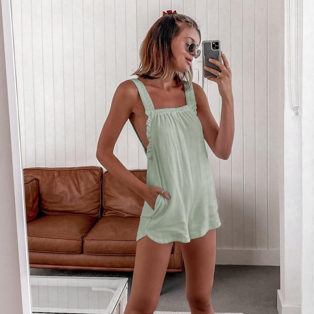 Solid Color Women's Casual Suspender Lace Jumpsuit Backless Sexy Home Wear Breathable Shorts