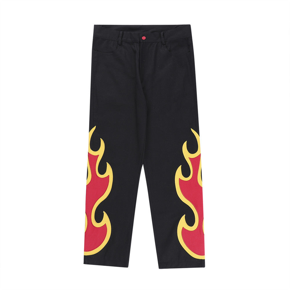 Embroidered Flame Casual Straight Pants