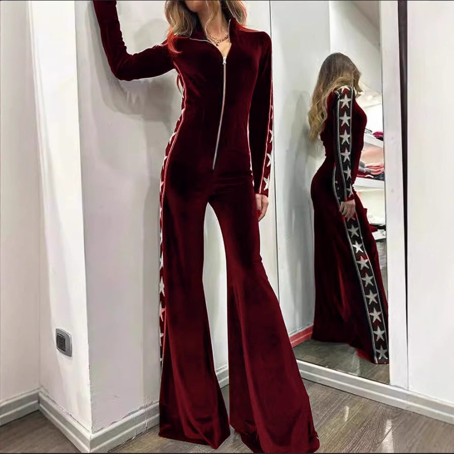 Fashion Velvet Stitching Printing Long Sleeve Wide Leg Jumpsuit