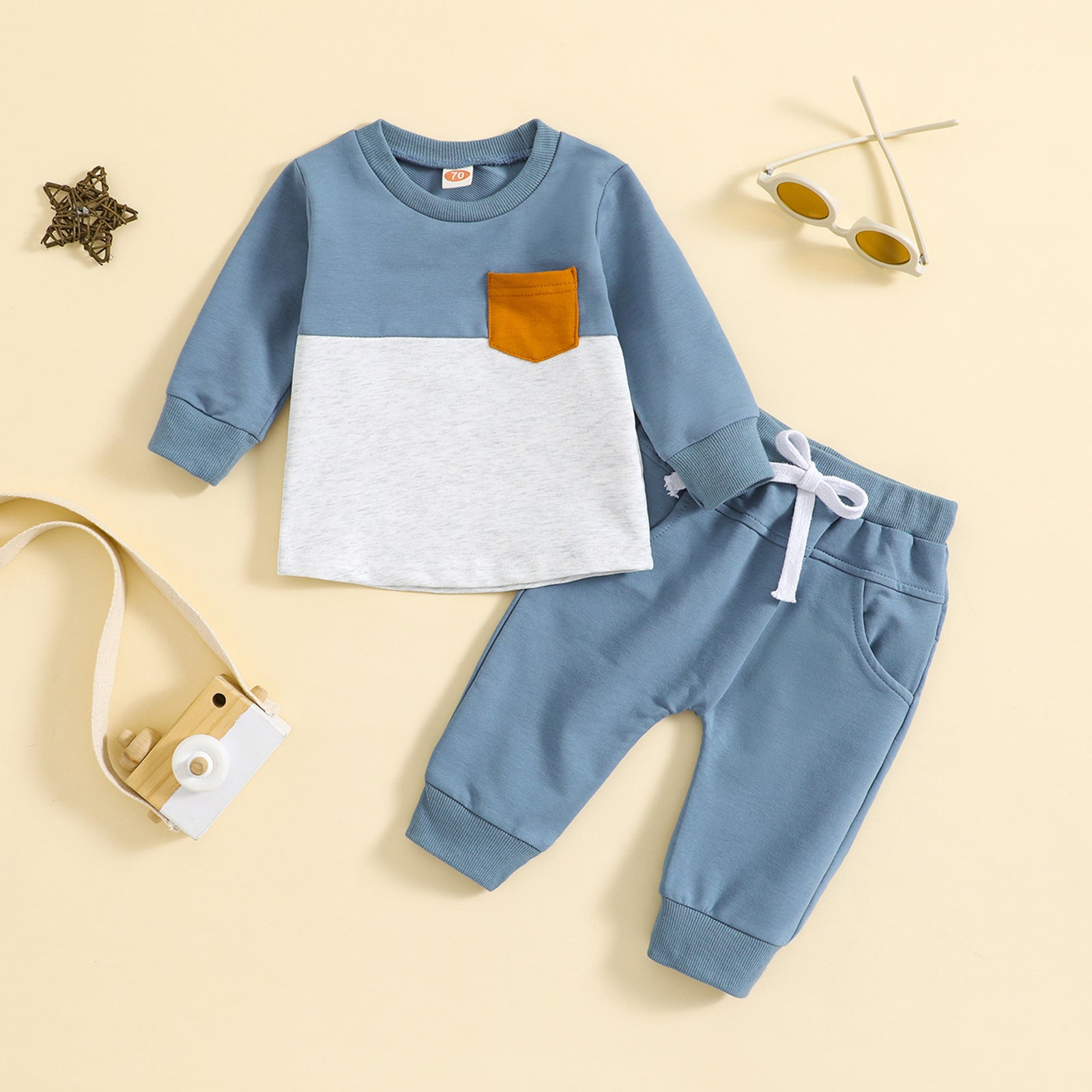 Children Color-block Crew Neck Long Sleeve Trousers Suit