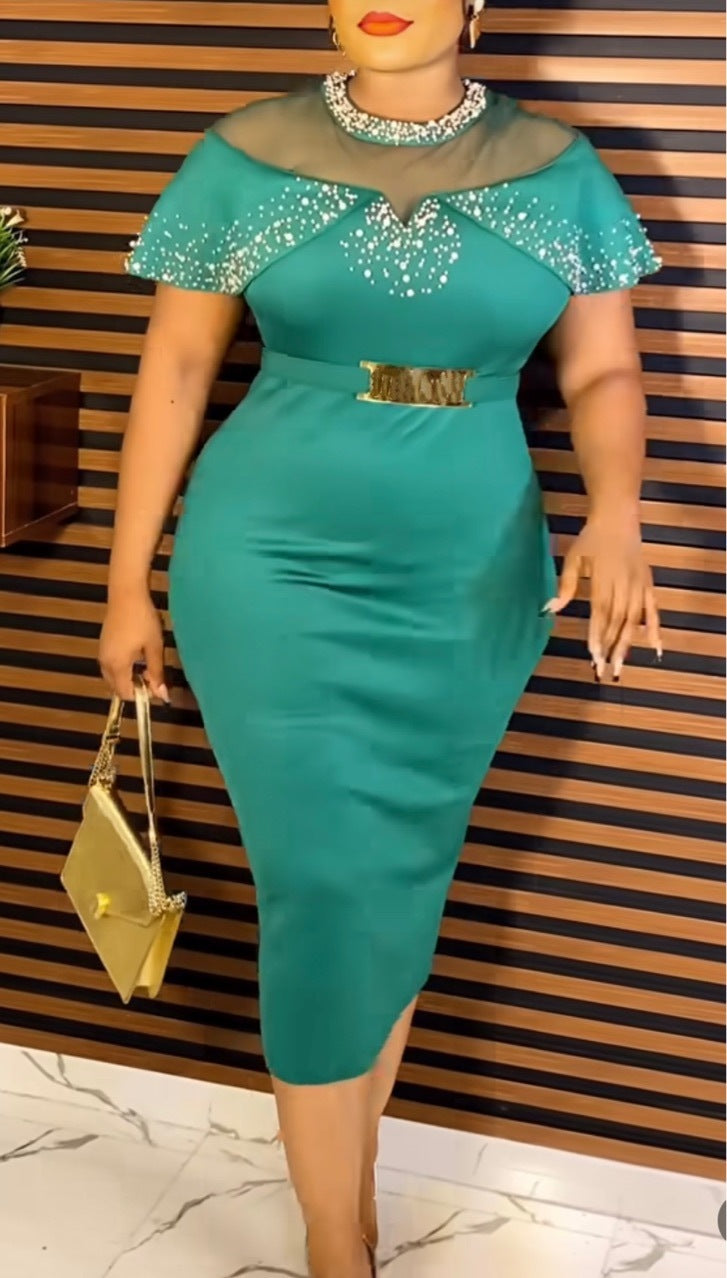 Heavy Industry Bubble Beads Shawl Sleeve Stitching Mesh Elegant Slim Dress With Belt