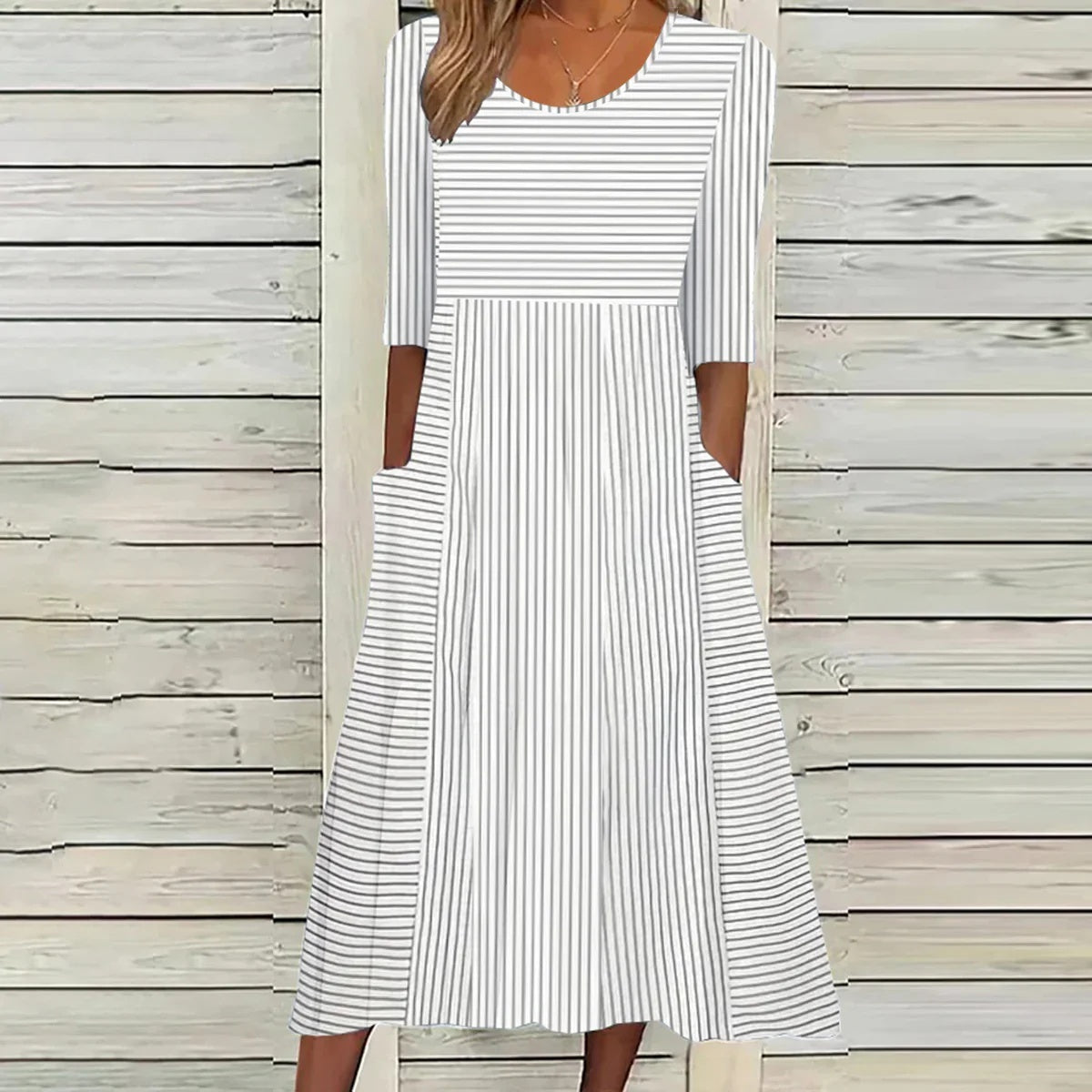 Women's Casual Round Neck Short Sleeves Striped Mid-length Dress