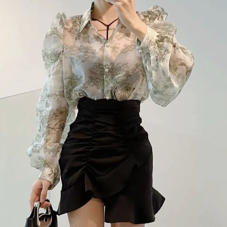 Chinese Style Ink Painting Printed Shirt For Women