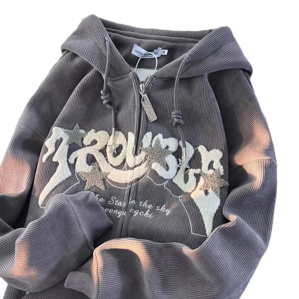 XINGX Corduroy Cardigan Coat Spring And Autumn Loose Hooded Sweater