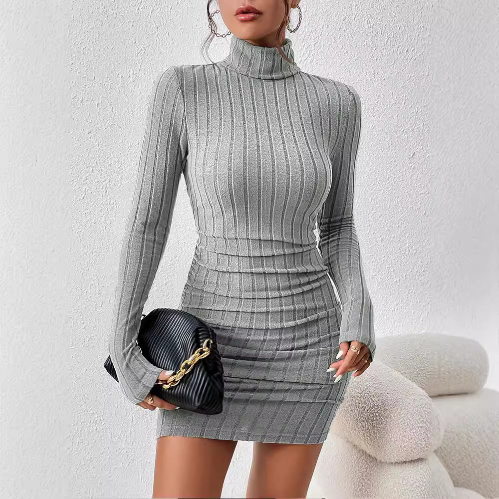 European And American Turtleneck Slim Fit Sunken Stripe Solid Color Sheath Short Skirt Jumpsuit Knitted