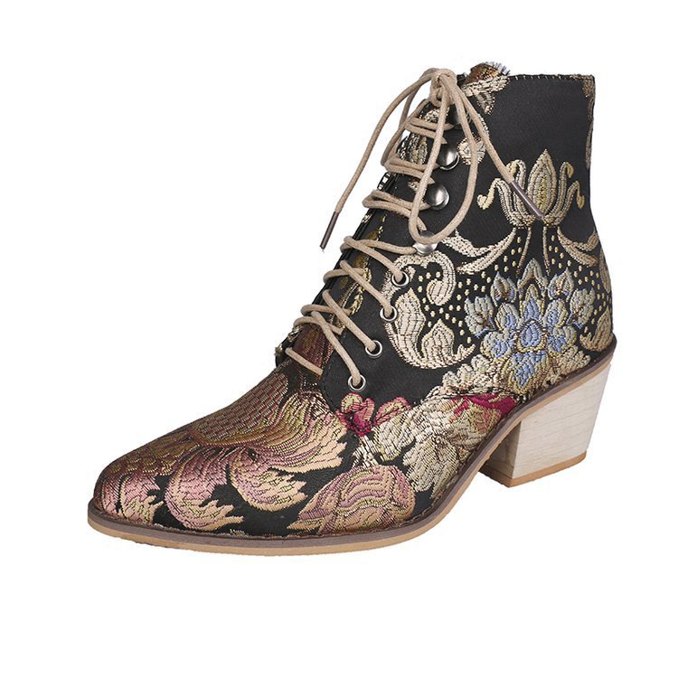 Ethnic Style Pointed Thick Heel Lace Embroidered Short Boots Women