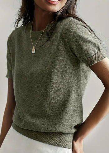 Simple Niche Round Neck Solid Color French Short Sleeve Sweater Sweater