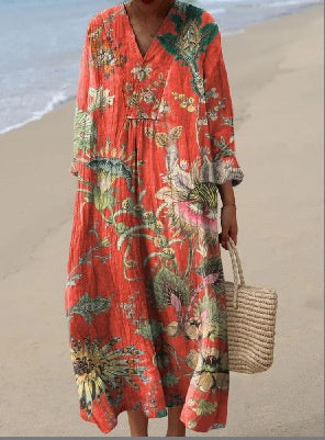 European And American Loose Fashion Advanced V-neck Printing Dress