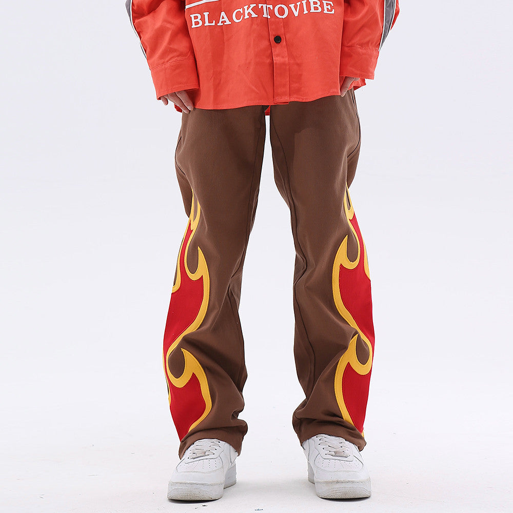 Embroidered Flame Casual Straight Pants