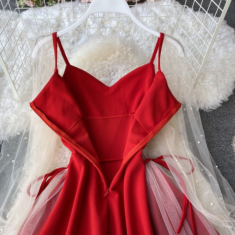 Puff Sleeve VNeck Low Cut Paneled Mesh Beaded ALine Skirt