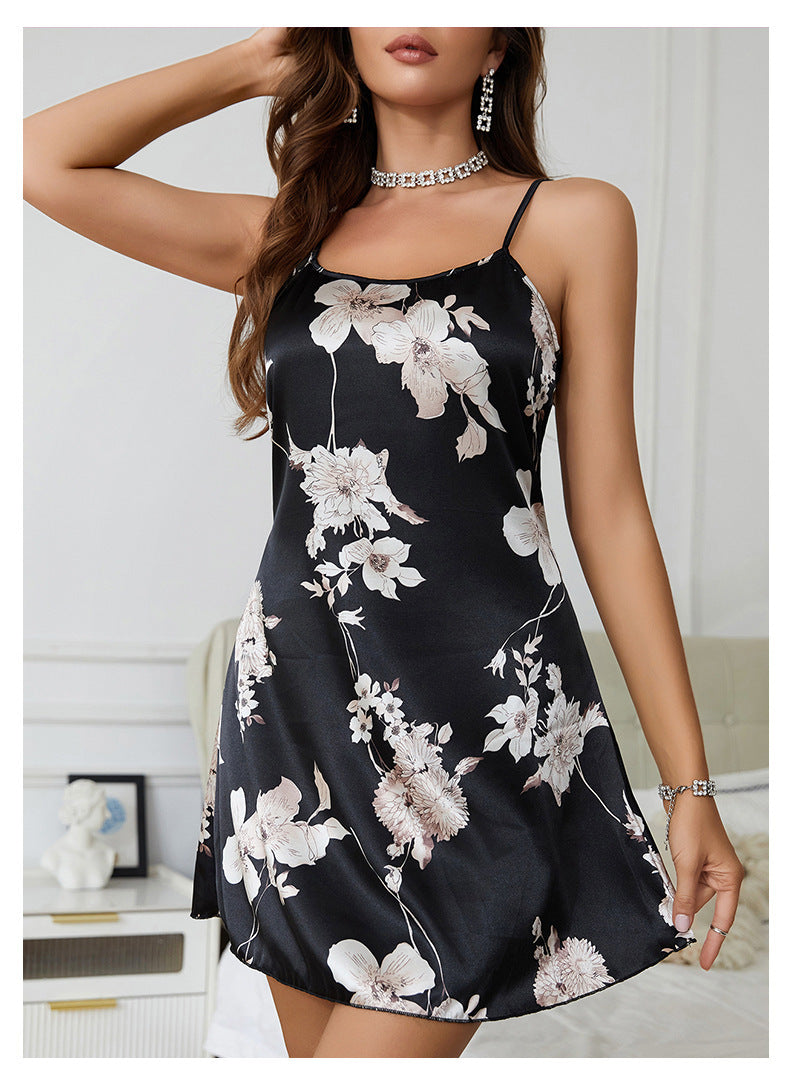 Sexy French Style Ice Silk Pajamas Big Flower Sweet Sexy Slip Nightdress