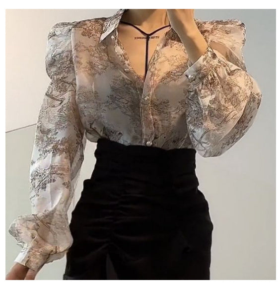 Chinese Style Ink Painting Printed Shirt For Women