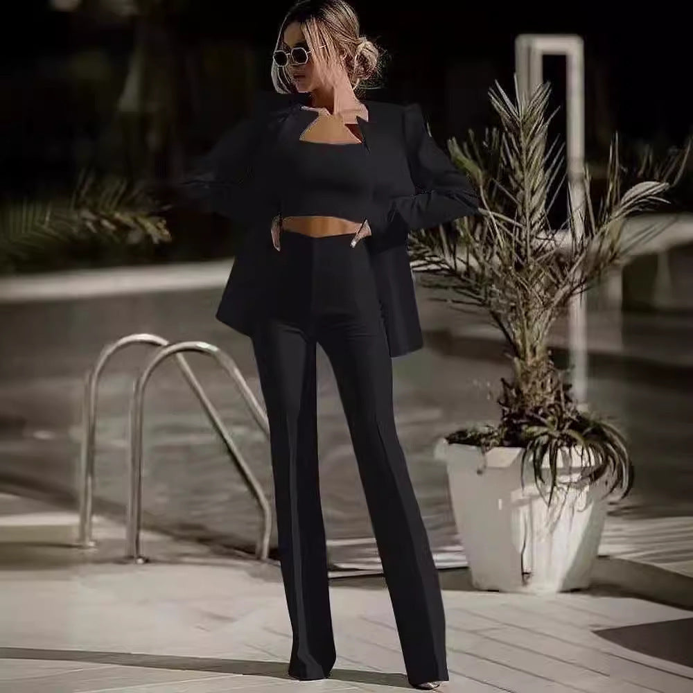 European And American Fashion Commute Midriff-baring Solid Color Suit Suit