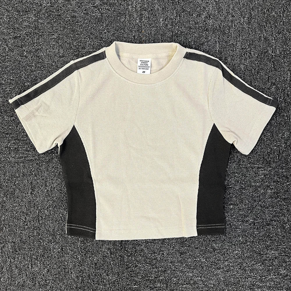 Women's Casual Contrasting Motorcycle Slimming Short Sleeved Top