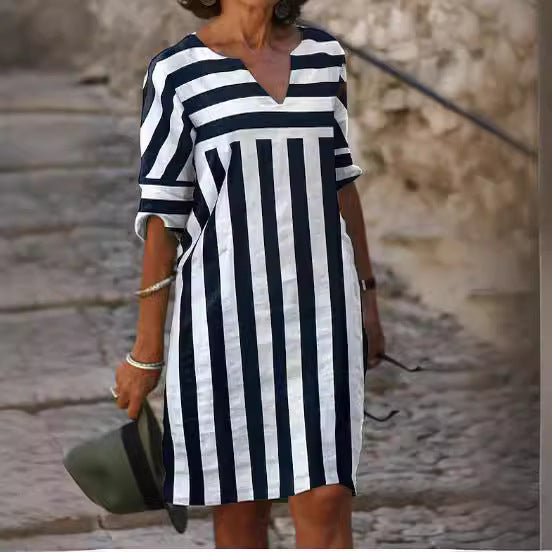 Striped Round Neck Loose Stitching Dress