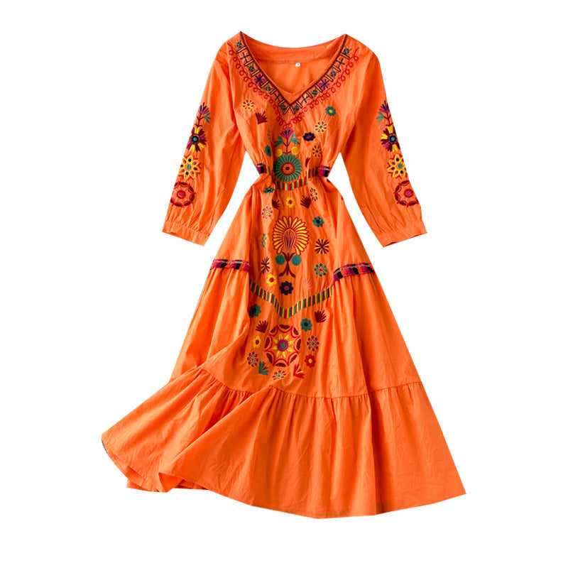 Women's Boho Embroidered V-Neck Loose Ruffle Long Skirt