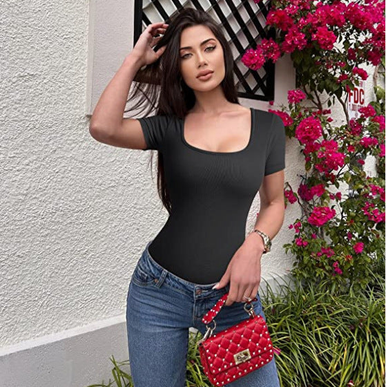 Sunken Stripe Square Collar Short Sleeve Tight Jumpsuit