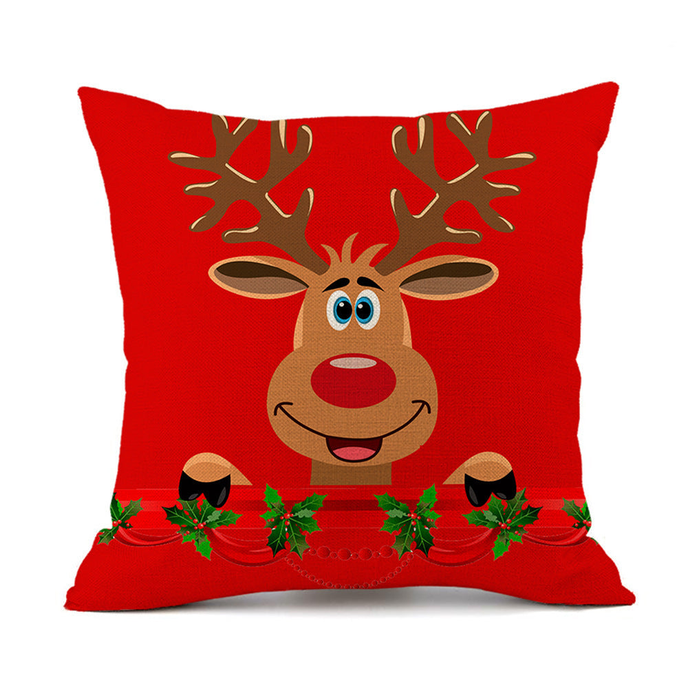 Christmas Elk Santa Claus Red Festive Printed Linen Cushion