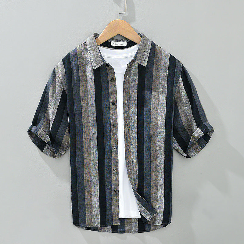 Summer Vintage Yarn-dyed Linen Five-point Sleeve Men's Contrasting Color Stripes Casual Lapel Large Size Cotton Hemp Shirt