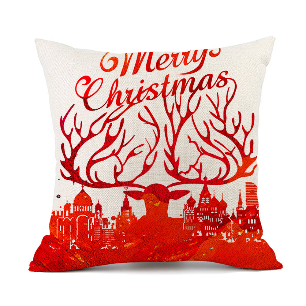 Christmas Elk Santa Claus Red Festive Printed Linen Cushion