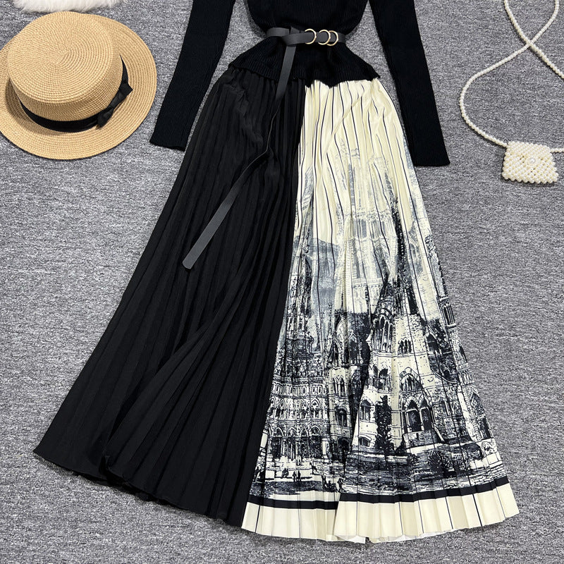 Long Sleeve Patchwork Pleated Skirt