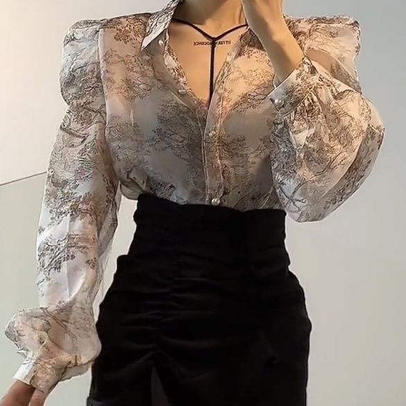 Chinese Style Ink Painting Printed Shirt For Women