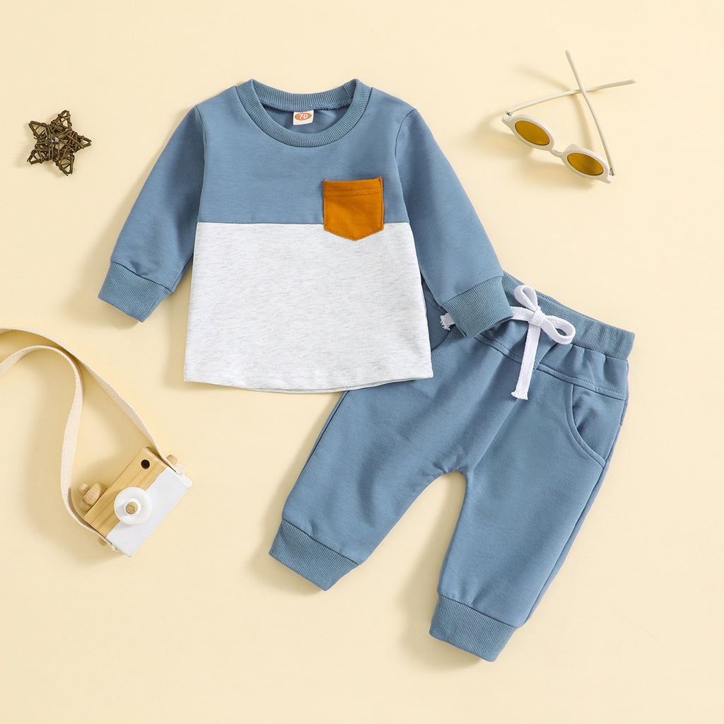 Children Color-block Crew Neck Long Sleeve Trousers Suit