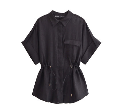 Europe And America Cross Border Women's Linen Adjustable Waist Shirt Straight-leg Pants Suit