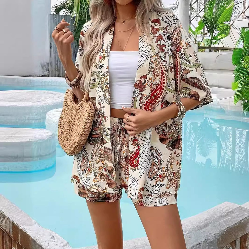 Holiday Floral Print Elegant Two-piece Shirt Short Sleeve Top Drawstring High Waist Shorts