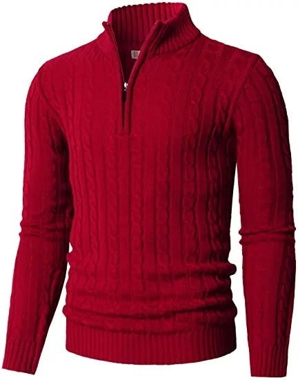 Men's Knitted Zippered Mock-neck Polo Sweater