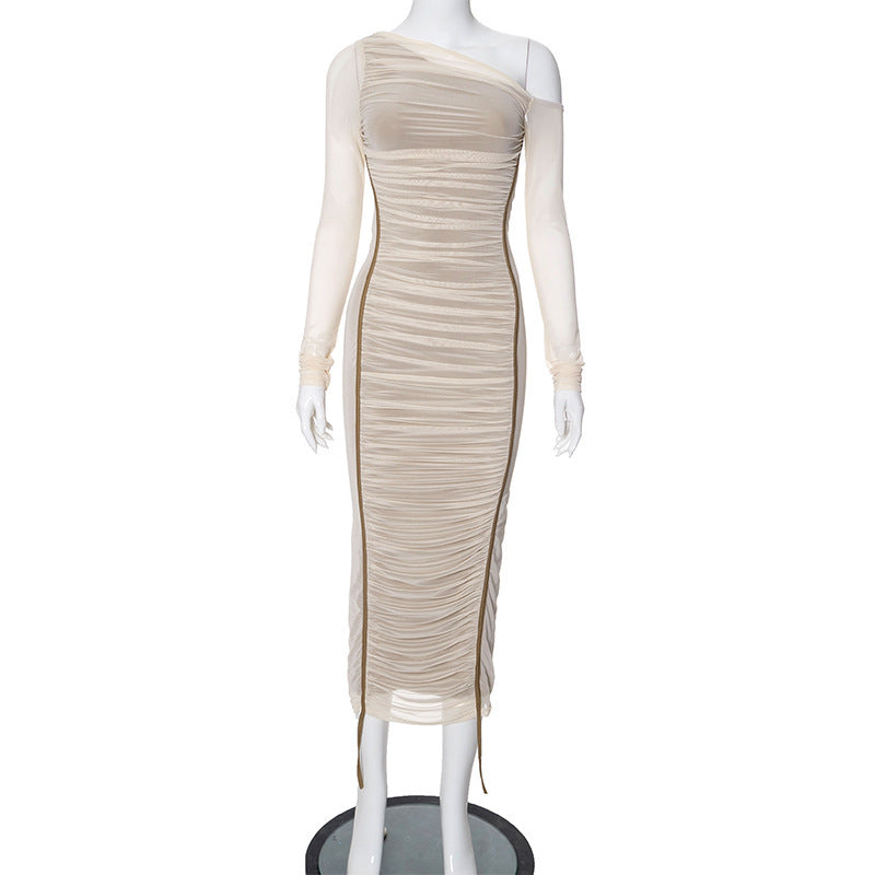 Summer Women's Diagonal Collar Long Sleeve High Waist Mesh Dress