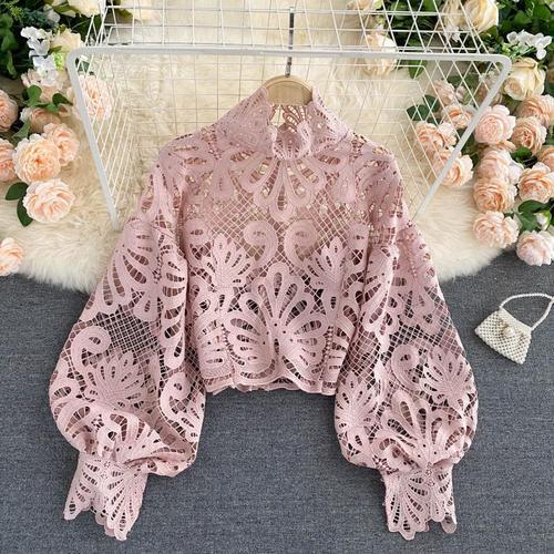 Design Sense Lace Hollow Top Stand-up Collar Puff Sleeve Loose Shirt
