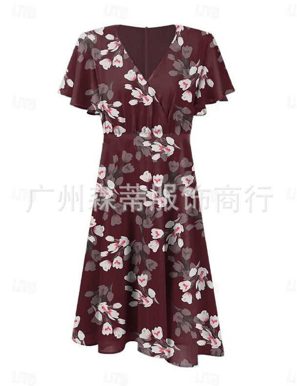 Summer Sweet Wind Ruffled V-neck Printed Waist-controlled Dress