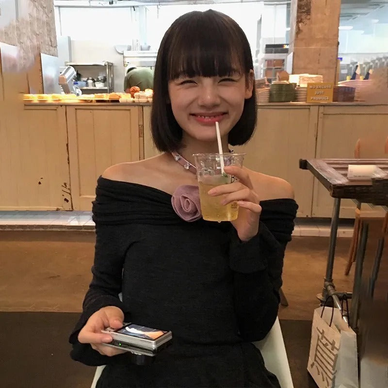 Off-neck Rose Decorative Flower Dress