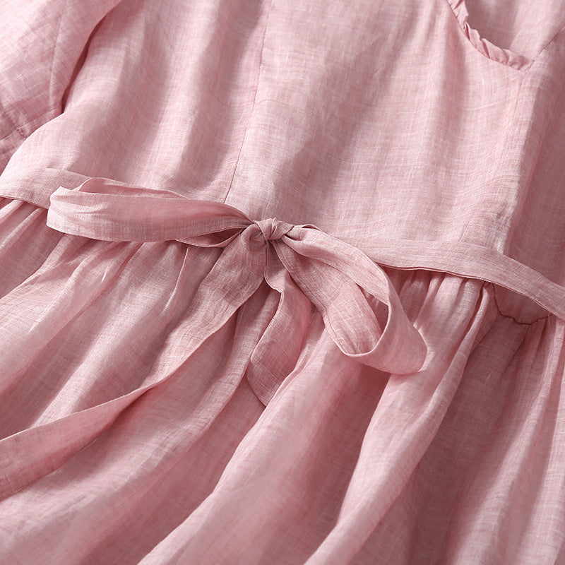 Cotton Linen Thin Lace Vintage Art Belt V-Neck Skirt