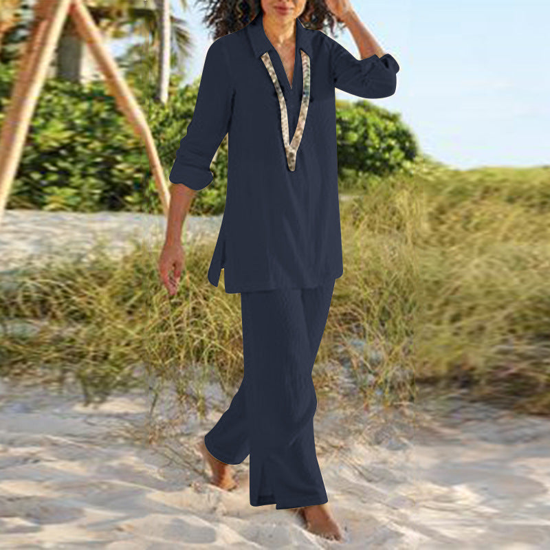 Solid Color National Style Retro Pants Suit Cotton And Linen Casual Long Sleeve Loose Cotton Suit