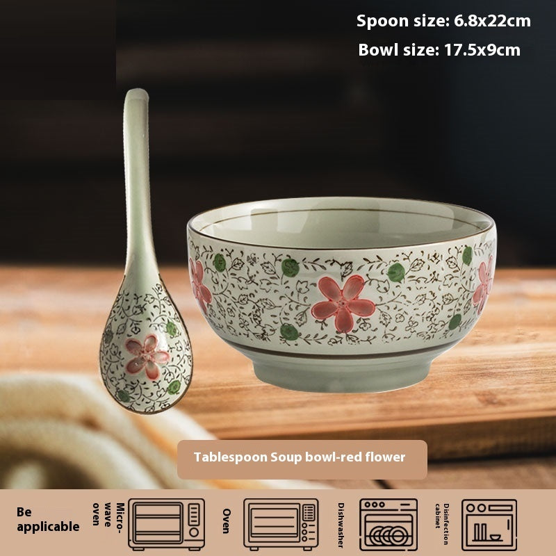 Household Ceramic Long Handle Scoop And Spoon Deep Mouth Soup Bowl