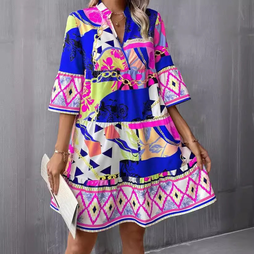 Pleated Sleeve Printed Flared Sleeve Ruffled Hem Dress
