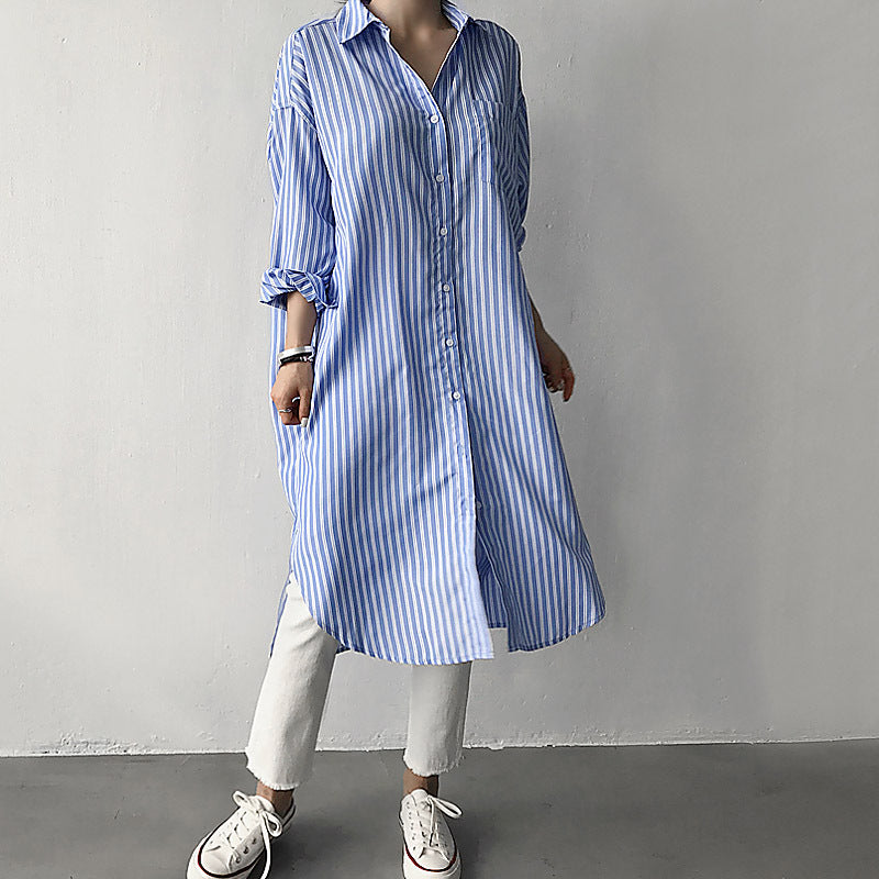Early Autumn Lazy Cold Style Mid-length Striped Shirt