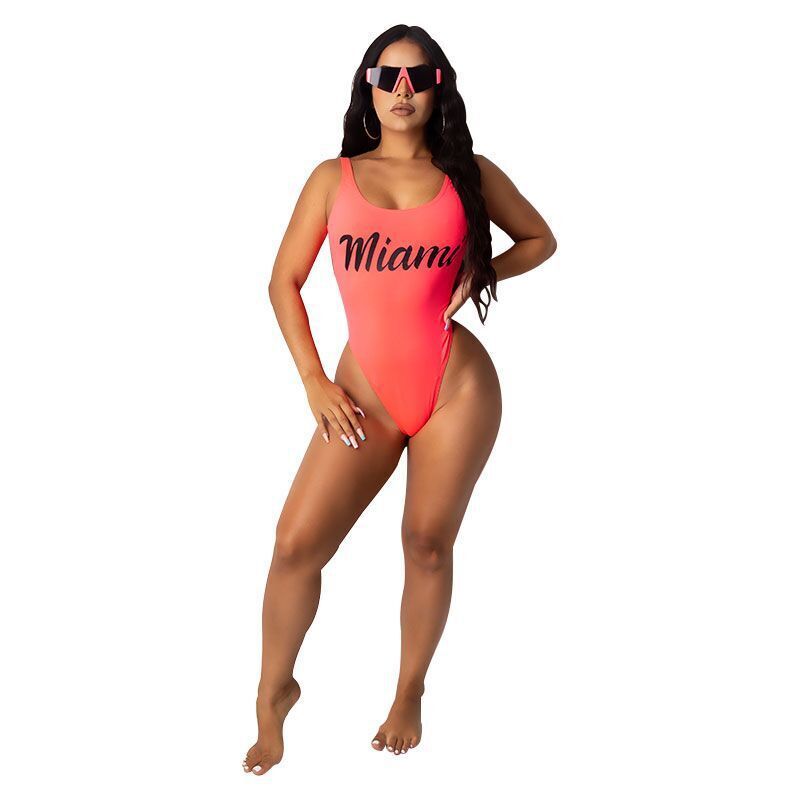 Solid Color Letter Printing Open Back Swimsuit