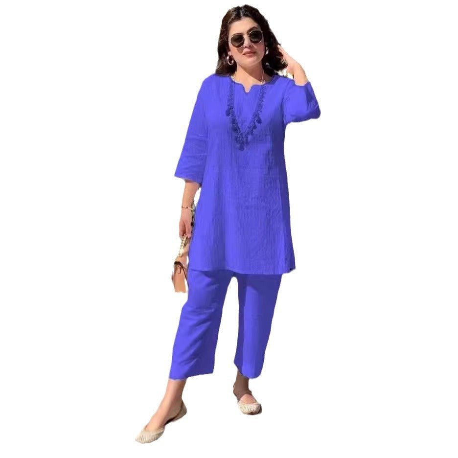 Fashion Pullover Solid Color Temperament Commute Ethnic Style Long Sleeve Clothes Two-piece Suit